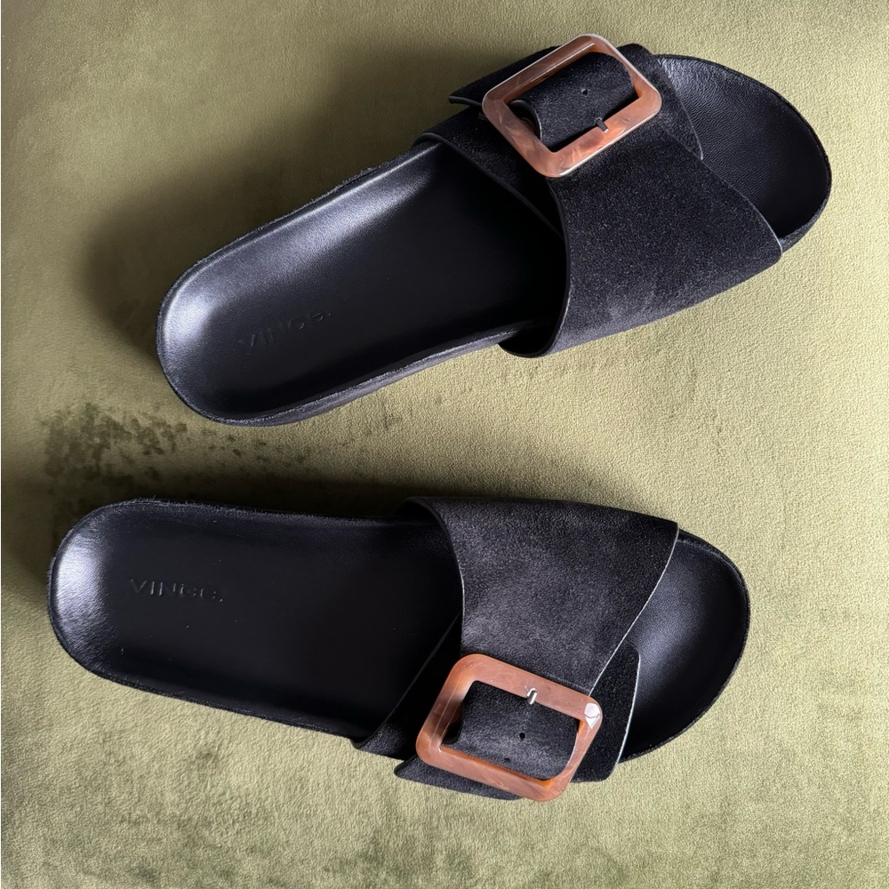 VINCE Grant Buckled Black Suede Slide Sandals • Women’s 8.5 EU 38.5